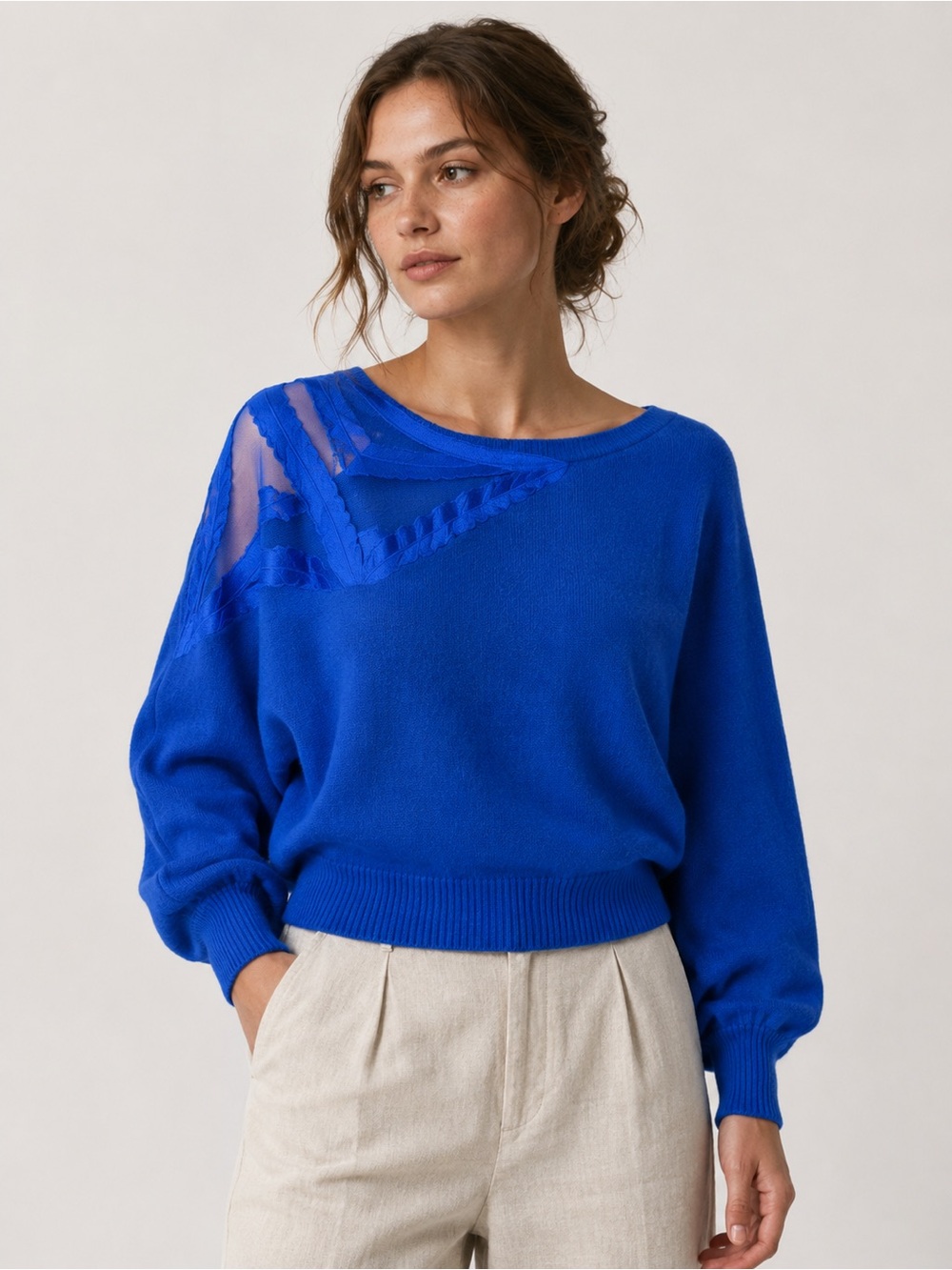 Vintage Retro Cobalt Blue Sweater Embroidered Wool Angora Dolman Sleeve Plush
